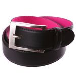 Ceinture en cuir noire, intérieur cuir rose fushia
