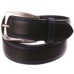 Ceinture en cuir noire à surpiqures bleues