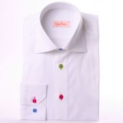 White slim fit shirt with green, blue and fushia buttons