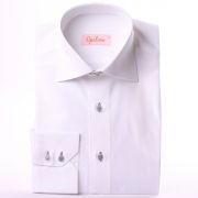 White slim fit shirt with a grey flourished ribbon on the collar and grey button holes