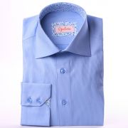 Blue with white stripes shirt, blue flourished collar and cuffs
