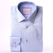 Light blue shirt with purple striped collar and cuffs
