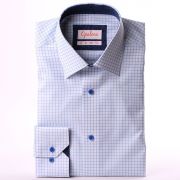 White and blue checked shirt with blue floral collar and cuffs