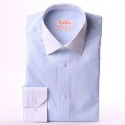 Blue and white checked shirt with white collar and cuffs