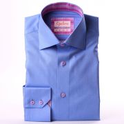 Medium blue shirt with lilac and pink checked collar and cuffs