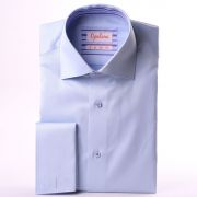 Light blue french cuff shirt with purple striped collar and cuffs