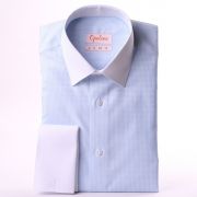 Blue and white checked french cuff shirt, white collar and cuffs