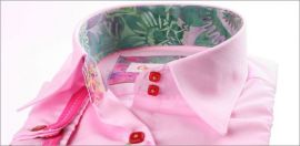 Chemisier rose � manches courtes, col � motifs multicolores et galon fuchsia