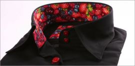 Chemisier noir � col et poignets � motifs fruits rouges