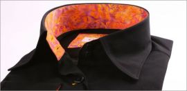Chemisier noir � manches 3/4, col et poignets � motifs jaunes, rouges et orang�s