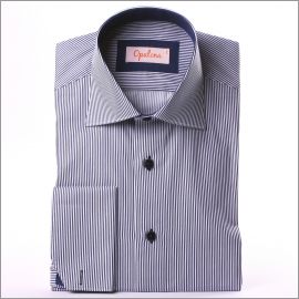 White and navy blue striped french cuff shirt with a navy blue collar