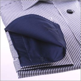 White and navy blue striped french cuff shirt with a navy blue collar