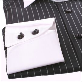 Black with white stripes shirt, white collar and napolitan cuffs
