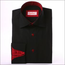 Black napolitan cuff shirt with red flourished collar and cuffs and red buttons