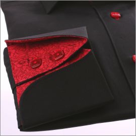 Black napolitan cuff shirt with red flourished collar and cuffs and red buttons