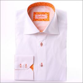 White shirt with orange and yellow collar and cuffs and orange button holes