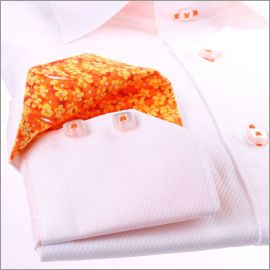 White shirt with orange and yellow collar and cuffs and orange button holes