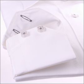 White slim fit shirt with a grey flourished ribbon on the collar and grey button holes