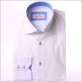 White with blue collar and cuffs and blue patterns ribbon slim fit shirt