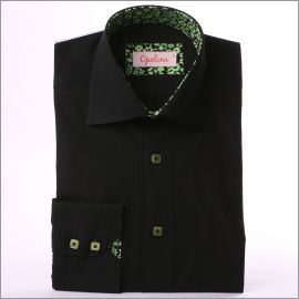 Black with green flourished collar and cuffs slim fit shirt