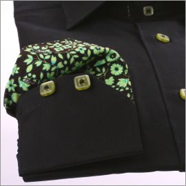 Black with green flourished collar and cuffs slim fit shirt