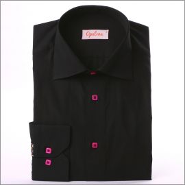 Black shirt with pink buttons and multicolored pattern fabric on the cuffs