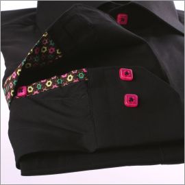 Black shirt with pink buttons and multicolored pattern fabric on the cuffs