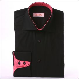 Black napolitan cuff shirt with pink patterns collar and cuffs