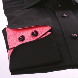 Black napolitan cuff shirt with pink patterns collar and cuffs