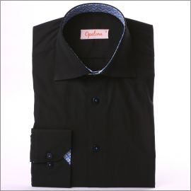 Black shirt with blue and white patterns collar and cuffs