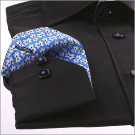 Black shirt with blue and white patterns collar and cuffs