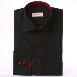 Black slim fit shirt with red flourished collar and cuffs and red buttons