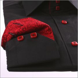 Black slim fit shirt with red flourished collar and cuffs and red buttons