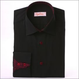 Black napolitan cuff shirt with burgundy and black patterns collar and cuffs and burgundy buttons