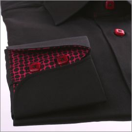 Black napolitan cuff shirt with burgundy and black patterns collar and cuffs and burgundy buttons