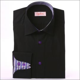 Black napolitan cuff shirt with multicolored stripes and purple buttons
