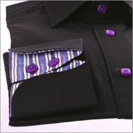 Black napolitan cuff shirt with multicolored stripes and purple buttons