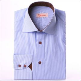 White and blue striped shirt with brown patterns collar and cuffs and brown buttons
