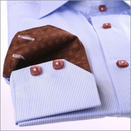 White and blue striped shirt with brown patterns collar and cuffs and brown buttons