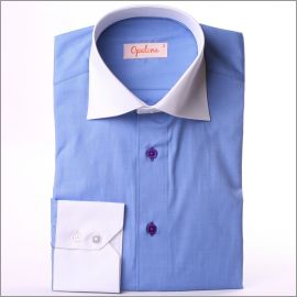 Blue slim fit shirt with white collar and cuffs and purple buttons