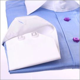 Blue slim fit shirt with white collar and cuffs and purple buttons