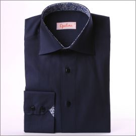 Navy blue slim fit shirt with blue and white flourished collar and cuffs