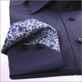 Navy blue slim fit shirt with blue and white flourished collar and cuffs