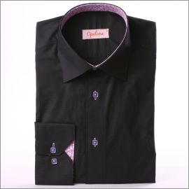 Black and grey shirt with white and lilac patterns collar and cuffs