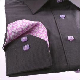 Black and grey shirt with white and lilac patterns collar and cuffs