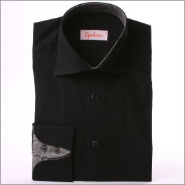 Black napolitan cuff slim fit shirt with grey patterns collar and cuffs