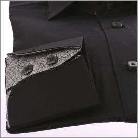 Black napolitan cuff slim fit shirt with grey patterns collar and cuffs