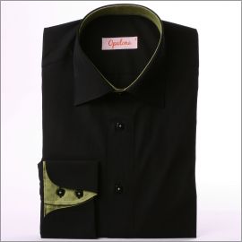 Black napolitan cuff slim fit shirt with green patterns collar and cuffsr, cuffs and buttons and blue patterns ribbon