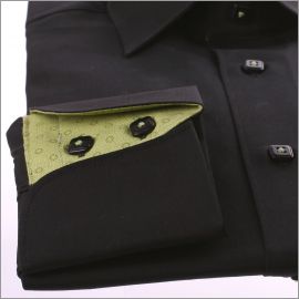 Black napolitan cuff slim fit shirt with green patterns collar and cuffsr, cuffs and buttons and blue patterns ribbon