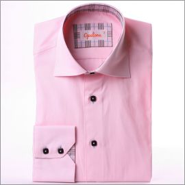 Pink shirt with brown, pink and blue Prince of Wales collar and cuffs, brown buttons